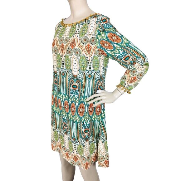 Pom-Pom Fringe Trim Retro Art Deco V-Back Boho Tunic Dress Size Small - Picture 3 of 6